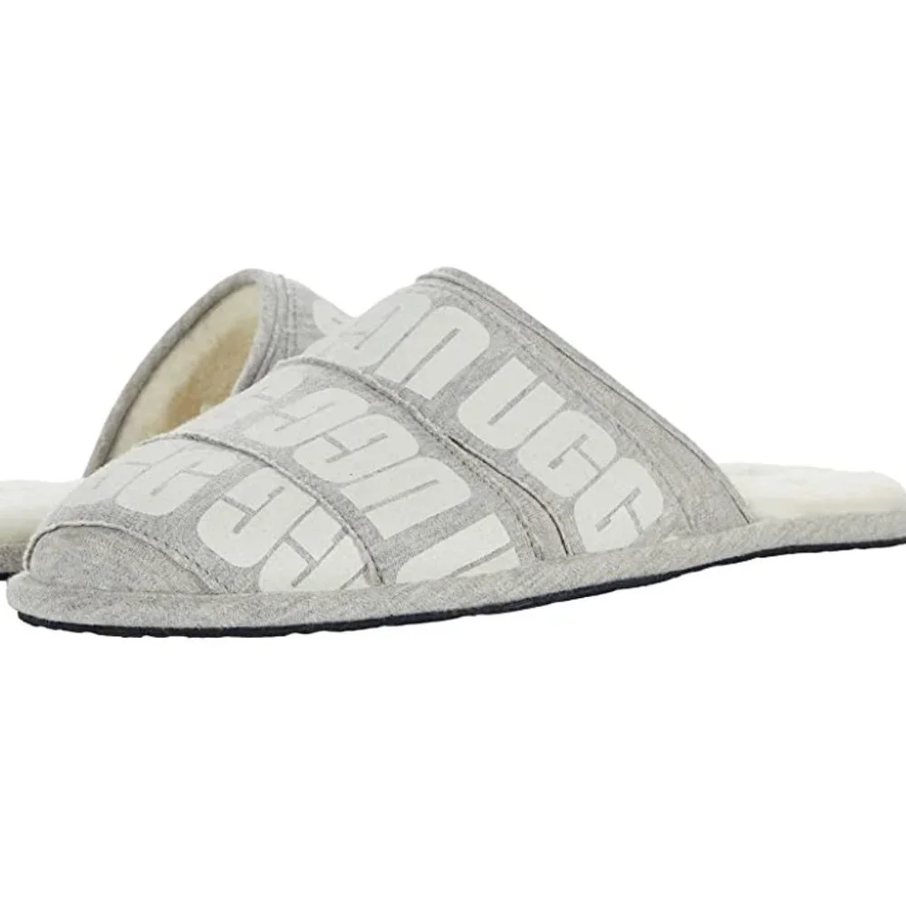UGG‎ MEN'S SCUFF LOGO BANDED GRAY WHITE SLIPPERS NEW